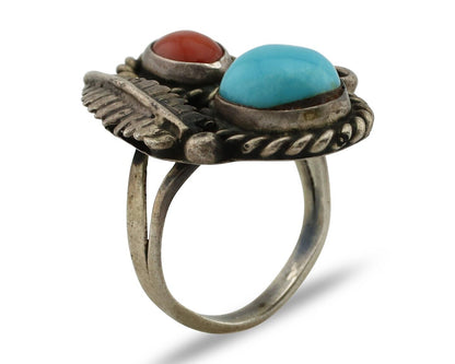 Navajo Handmade Ring 925 Silver Turquiose & Coral Native American Artist C.80's