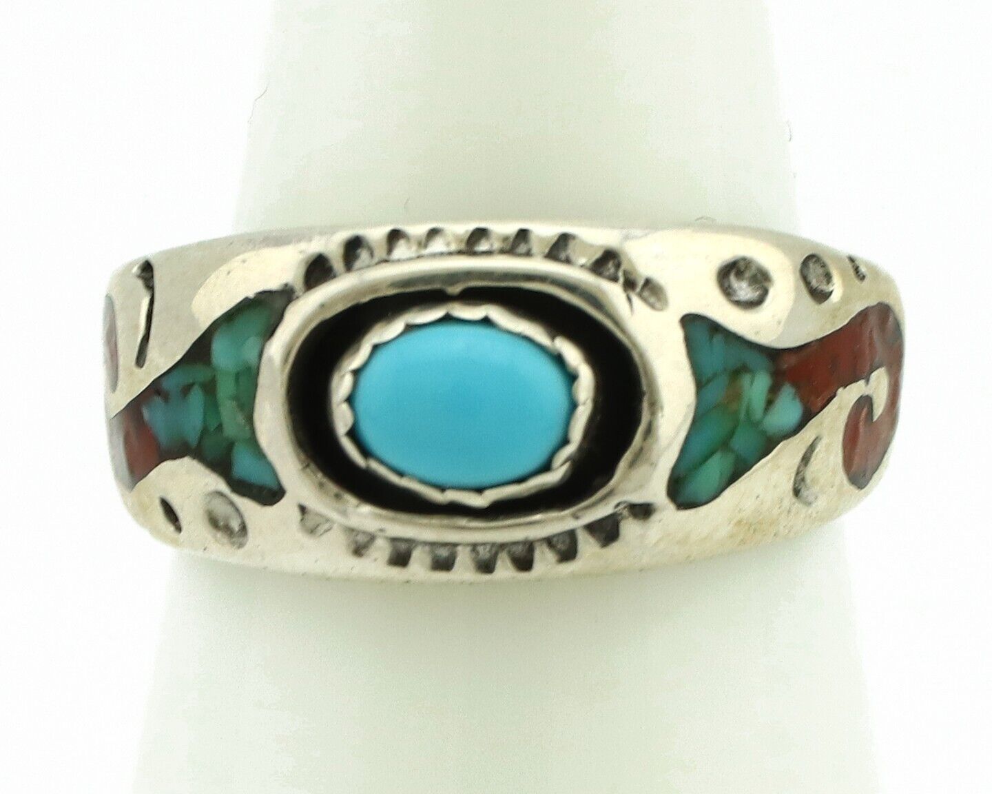 Navajo Handmade Ring 925 Silver Blue Turquoise & Coral Native American C.80's