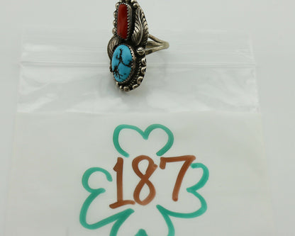 Navajo Ring .925 Silver Turquoise & Coral Artist Signed Thomas Singer C.80's