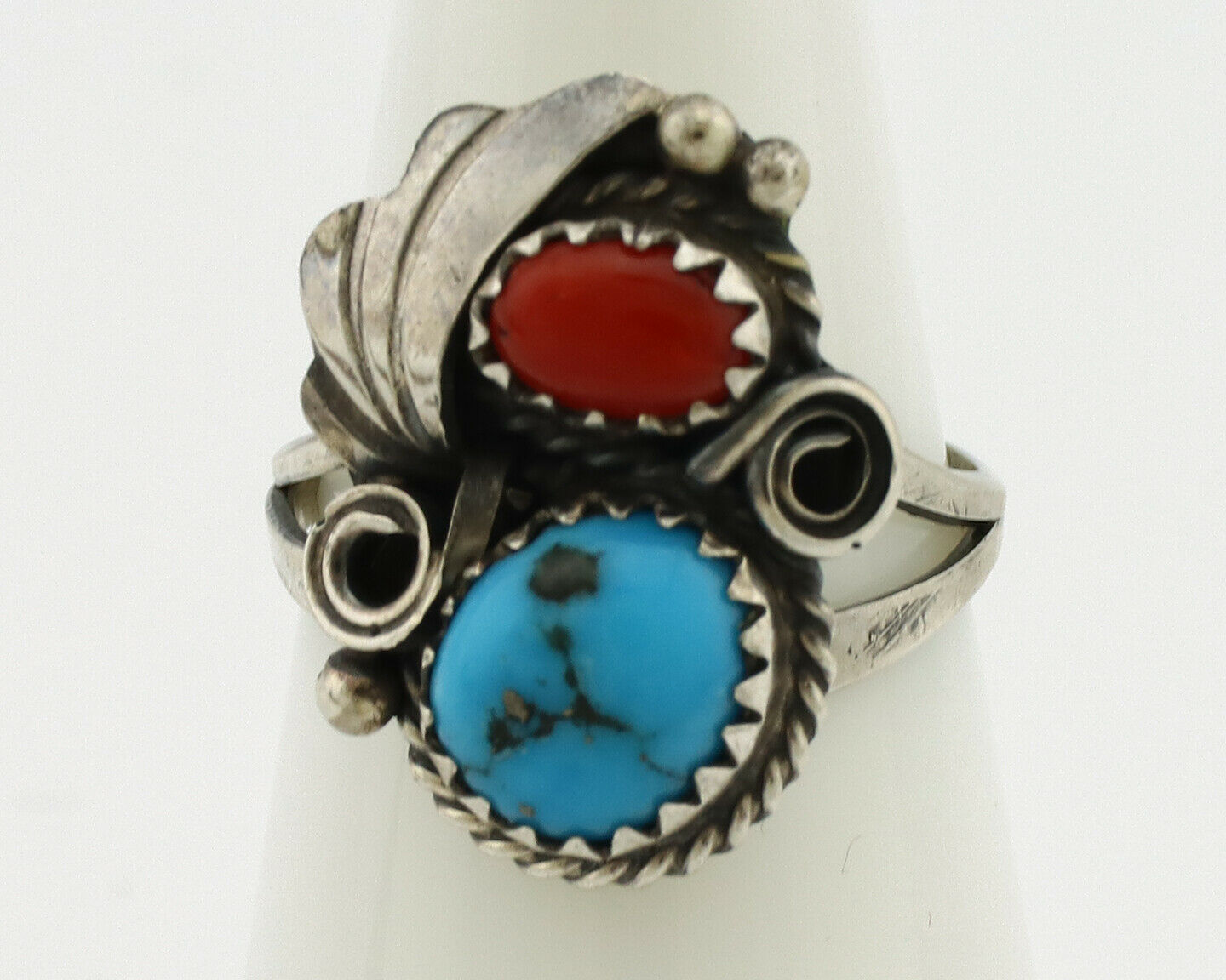 Navajo Ring .925 Silver Morenci Turquoise & Coral Native Artist Signed JM C.80's