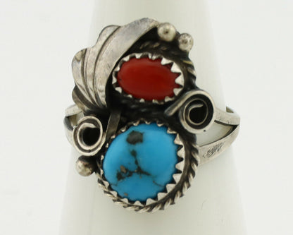 Navajo Ring .925 Silver Morenci Turquoise & Coral Native Artist Signed JM C.80's