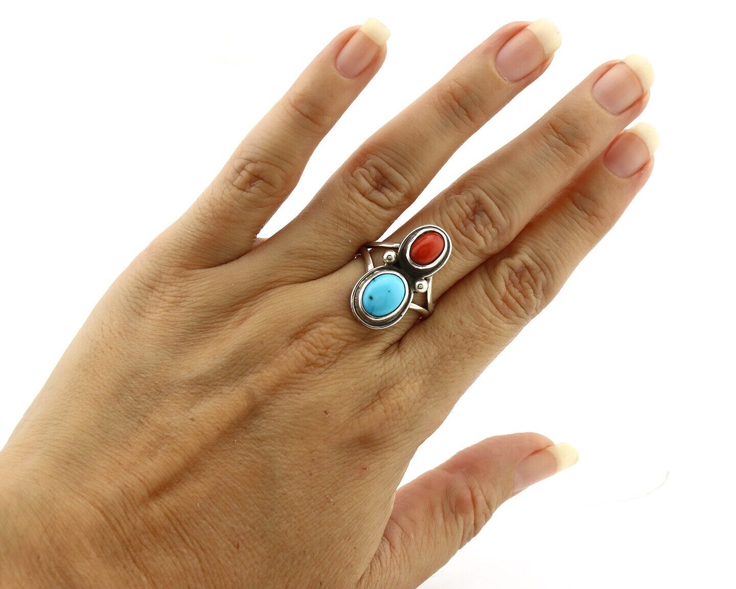 Navajo Handmade Ring 925 Silver Coral & Turquoise Native American Artist C.80's