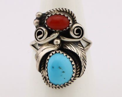 Navajo Ring 925 Silver Blue Turquiose & Coral Artist Signed Justin Morris C.80's