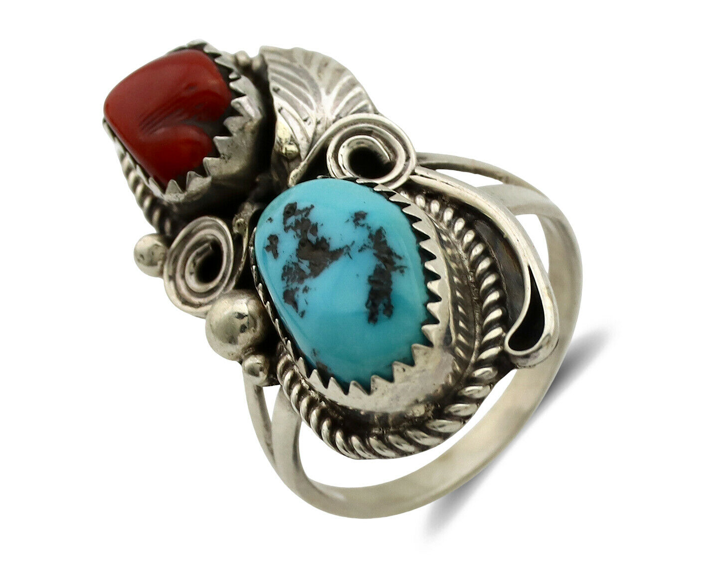 Navajo Ring .925 Silver Turquoise & Coral Artist Signed J Morris C.80's