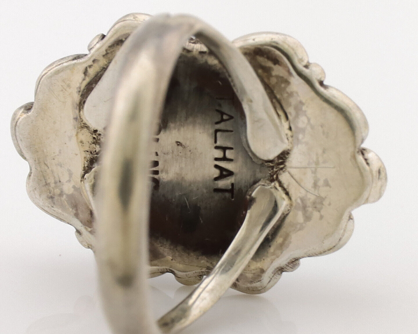 Navajo Ring .925 Silver Spiderweb Turquoise Artist Signed TALHAT C.80's