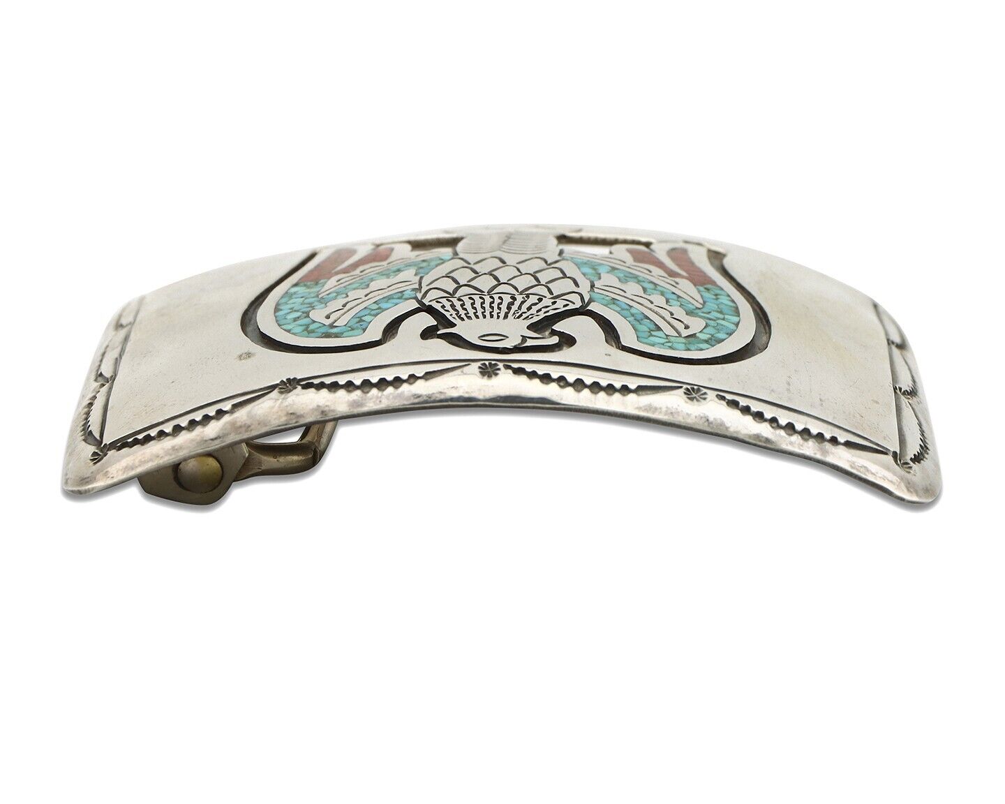 Navajo Belt Buckle 925 Silver Handmade Chip Inlay Artist Signed J. Nezzie C.80s