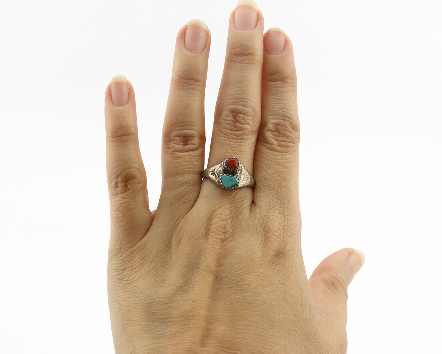 Zuni Ring .925 Silver Natural Turquoise & Coral Native American Artist C.1980's