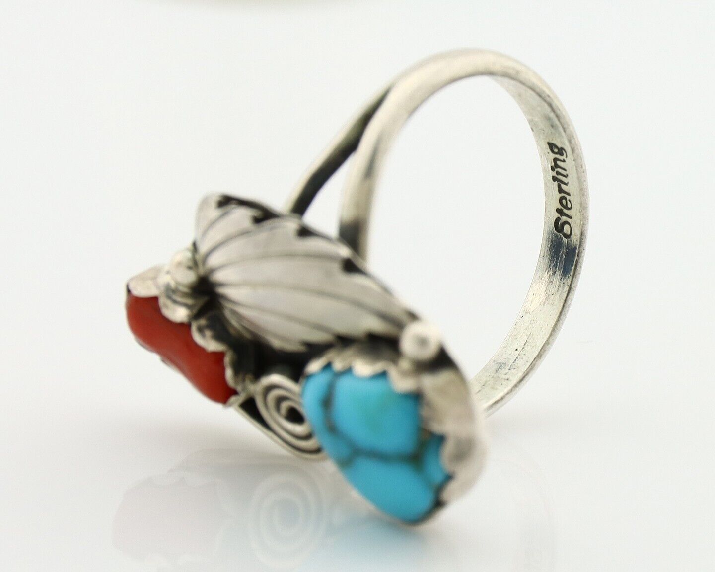 Navajo Handmade Ring 925 Silver Turquiose & Coral Native American Artist C.80's