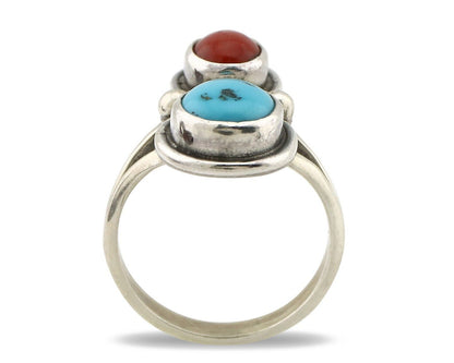 Navajo Inlay Band Ring 925 Silver Turquoise & Coral Native Artist C.80's