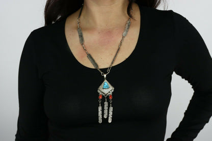 Navajo Necklace .925 Silver Red Coral & Turquoise Signed G C.1977