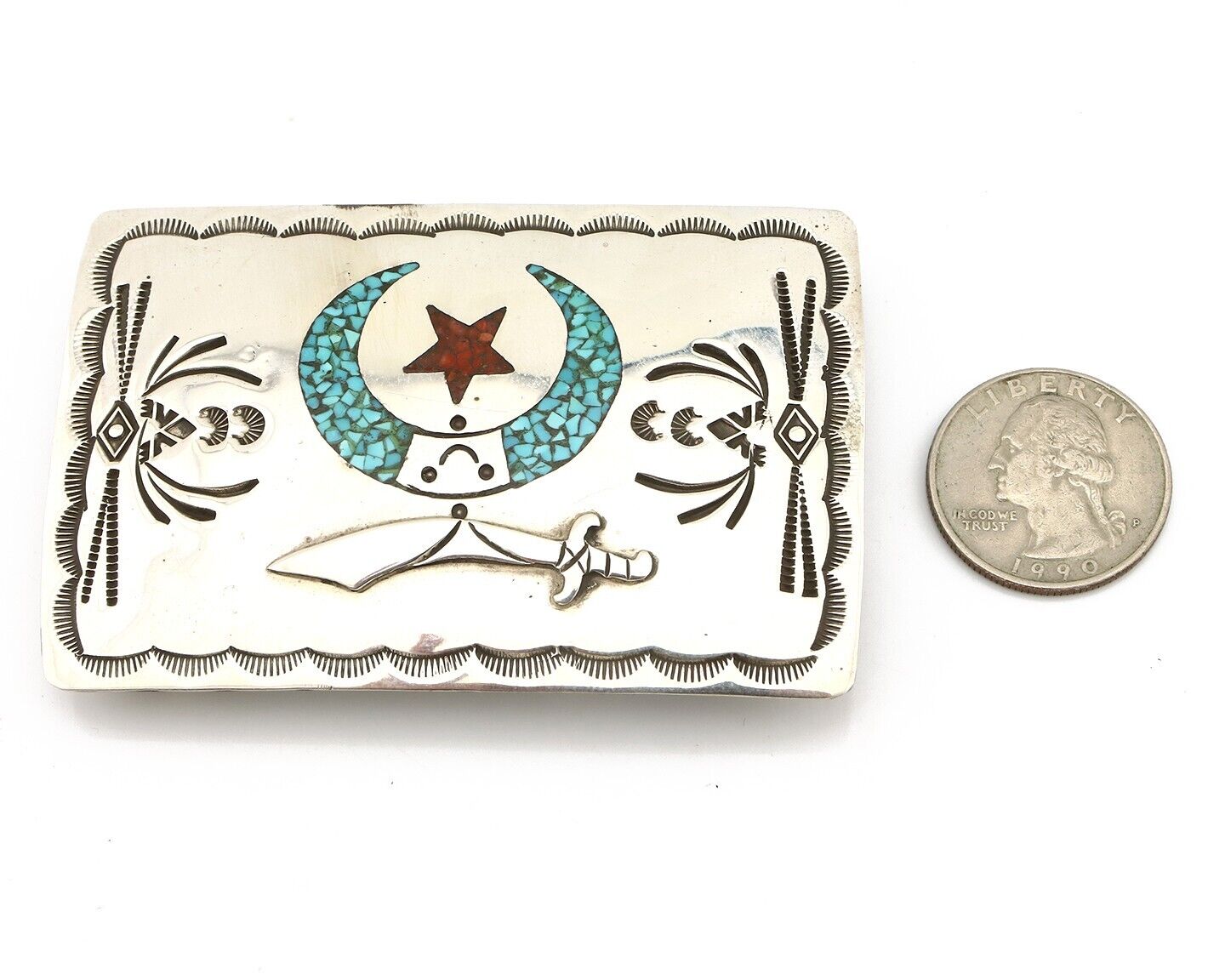 Navajo Belt Buckle .925 Silver Handmade Chip Inlay Artist Signed Bee Gay C.80's