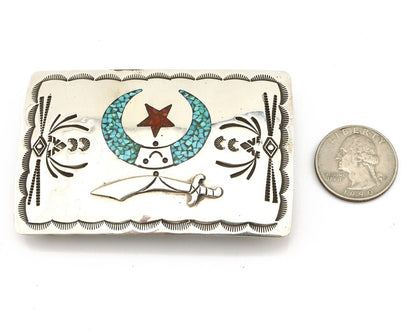 Navajo Belt Buckle .925 Silver Handmade Chip Inlay Artist Signed Bee Gay C.80's