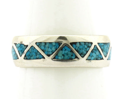 Navajo Chip Inlay Ring 925 Silver Sleeping Beauty Turquoise Artist Silver Cloud