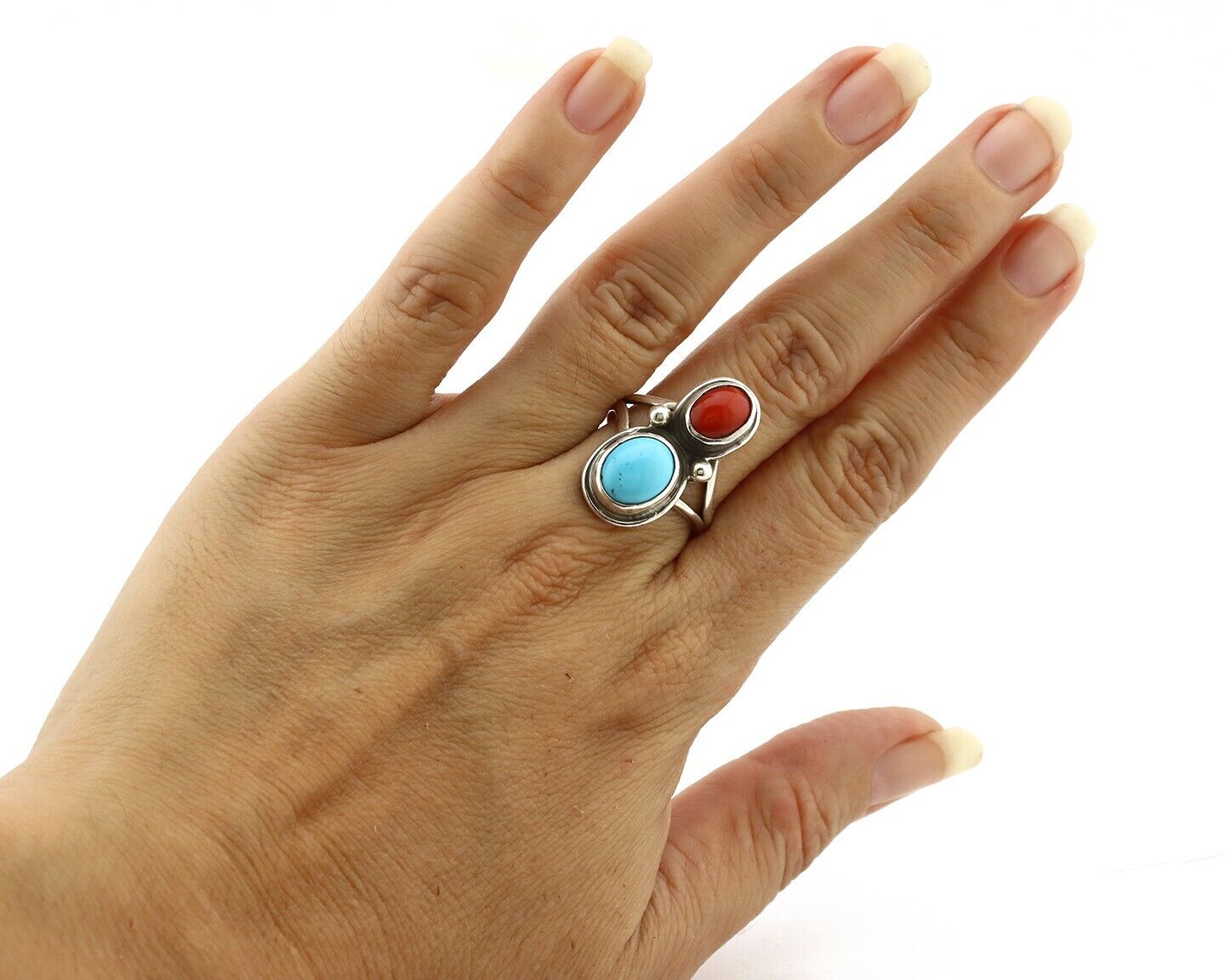 Navajo Handmade Ring 925 Silver Coral & Turquoise Native American Artist C.80's
