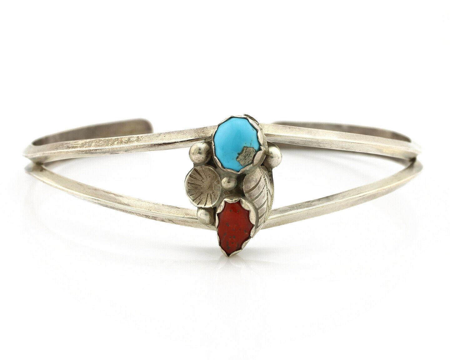 Navajo Bracelet .925 Silver Natural Turquoise & Coral Native American Artist 80s