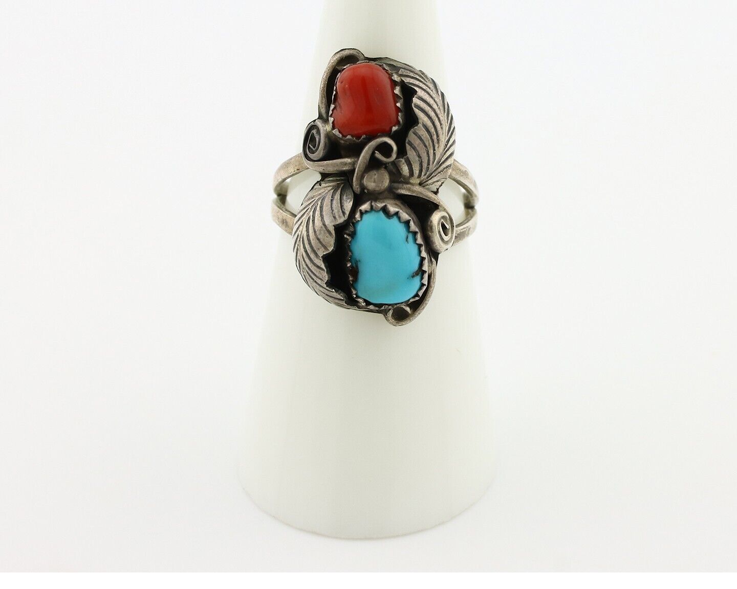 Navajo Handmade Ring 925 Silver Turquiose & Coral Native American Artist C.80's