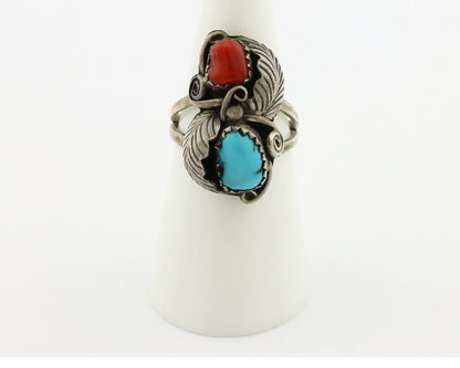 Navajo Handmade Ring 925 Silver Turquiose & Coral Native American Artist C.80's