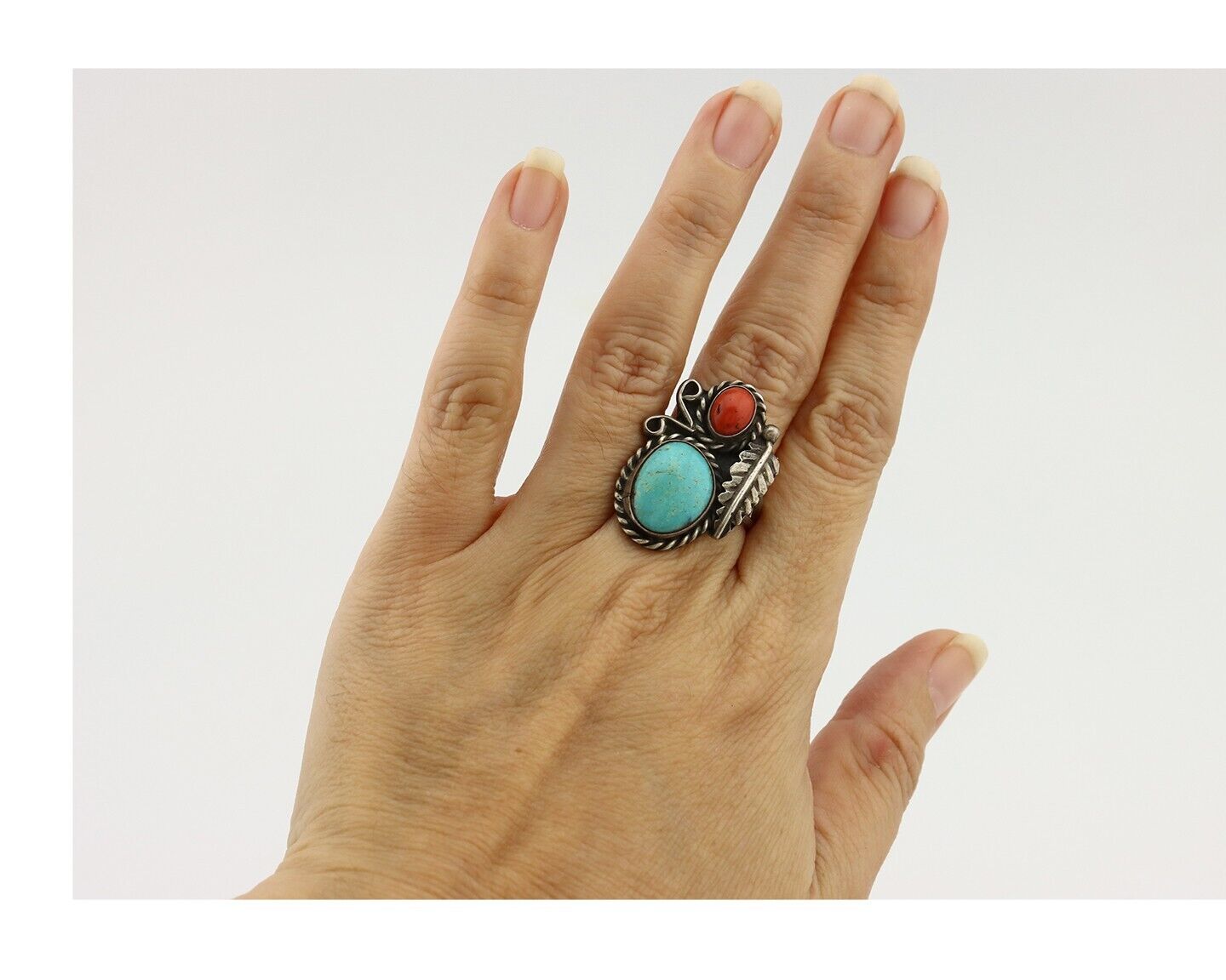 Navajo Handmade Ring 925 Silver Turquiose & Coral Native American Artist C.80's