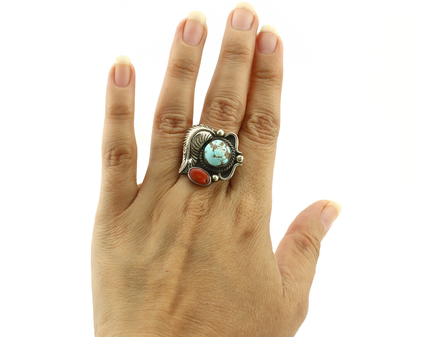 Navajo Ring 925 Silver Coral & Globe Turquoise Native American Artist C.80's