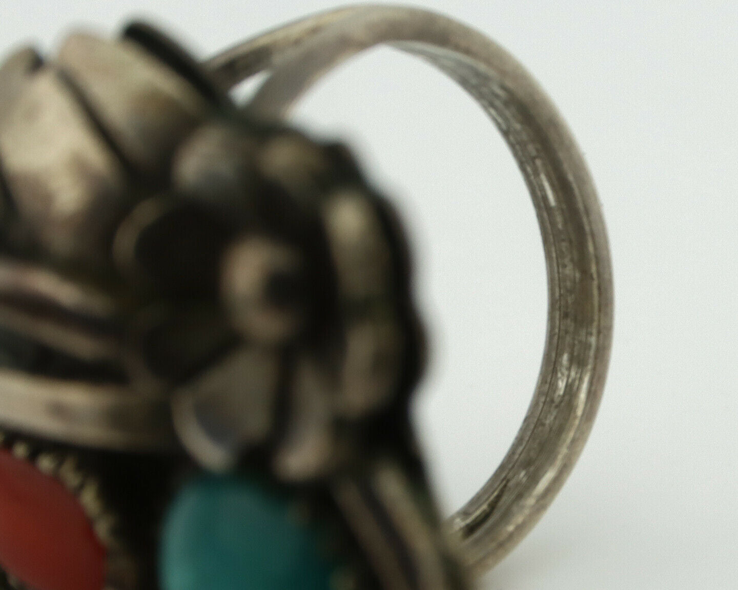 Navajo Ring .925 Silver Turquoise & Coral Native American Artist C.1980's