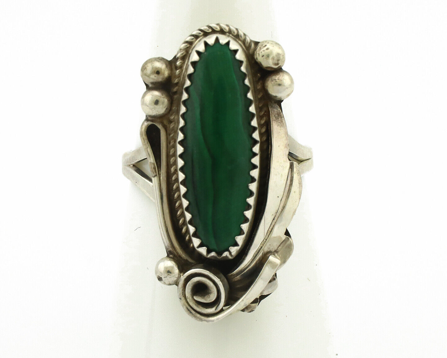 Navajo Ring 925 Silver Natural Green Malachite Signed Justin Morris C.80's