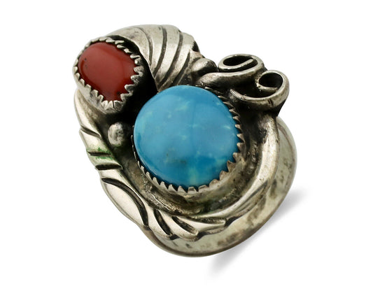 Navajo Ring 925 Silver Turquoise & Coral Artist Signed Native American C.80s