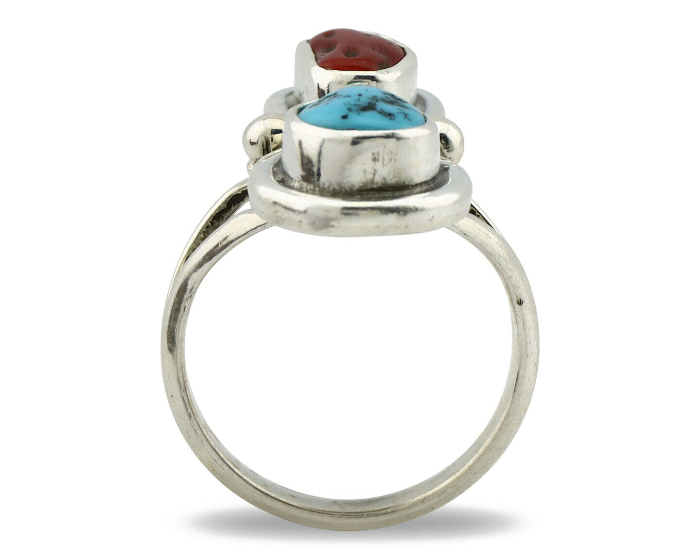Navajo Ring .925 Silver Red Coral & Blue Turquoise Native Artist C.80's