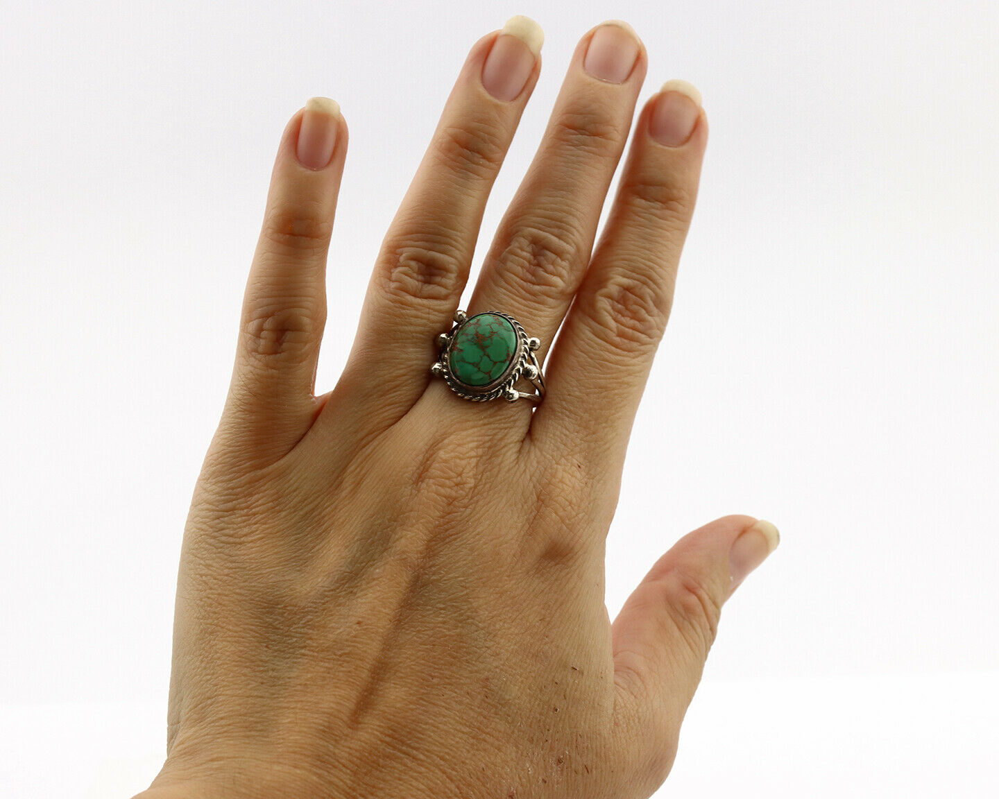 Navajo Ring .925 Silver Natural Green Turquoise Artist Signed R C.80's