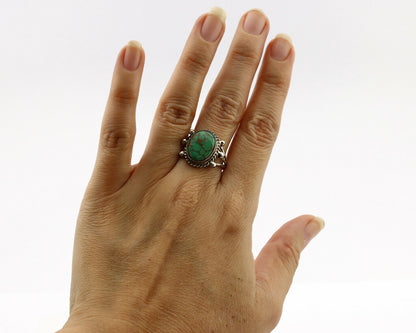 Navajo Ring .925 Silver Natural Green Turquoise Artist Signed R C.80's
