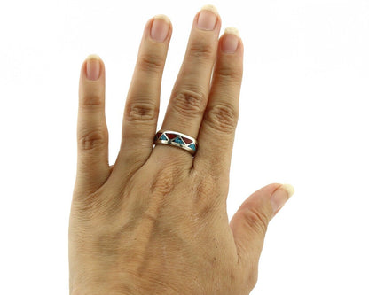 Navajo Chip Inlay Ring 925 Silver Sleeping Beauty Turquoise & Coral Silver Cloud