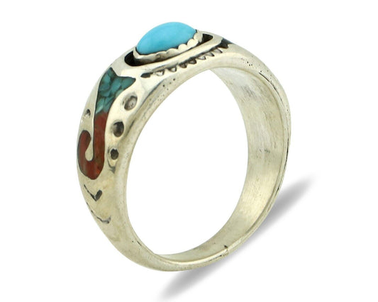 Navajo Handmade Ring 925 Silver Blue Turquoise & Coral Native American C.80's
