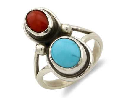 Navajo Handmade Ring 925 Silver Coral & Turquoise Native American Artist C.80's
