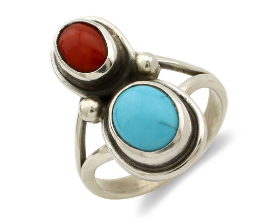 Navajo Handmade Ring 925 Silver Coral & Turquoise Native American Artist C.80's