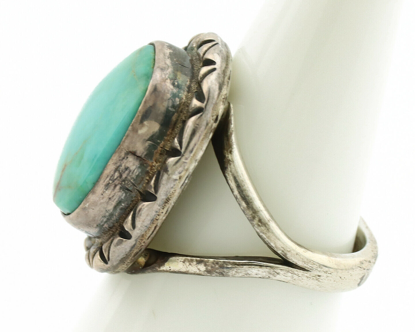 Navajo Ring .925 Silver Kingman Turquoise Artist Signed Gecko C.1980's