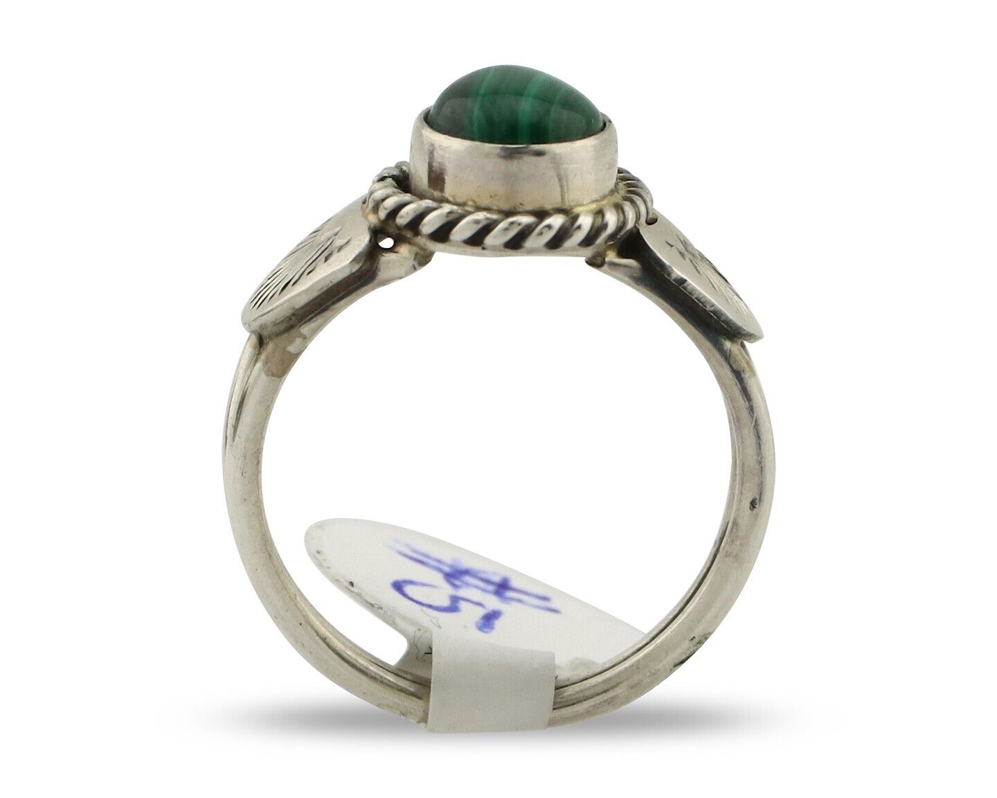 Navajo Ring .925 Silver Malachite Hand Stamped Native American Artist C.80's