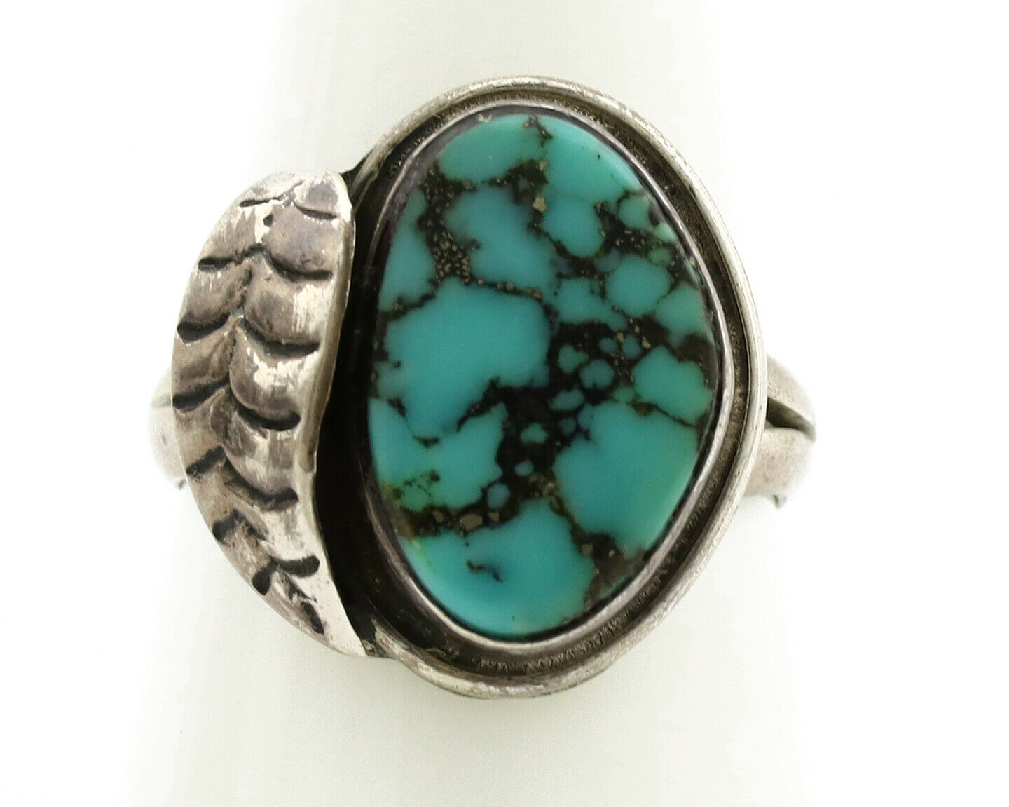 Navajo Ring .925 Silver Spiderweb Turquoise Artist Signed CG01 C.1980's
