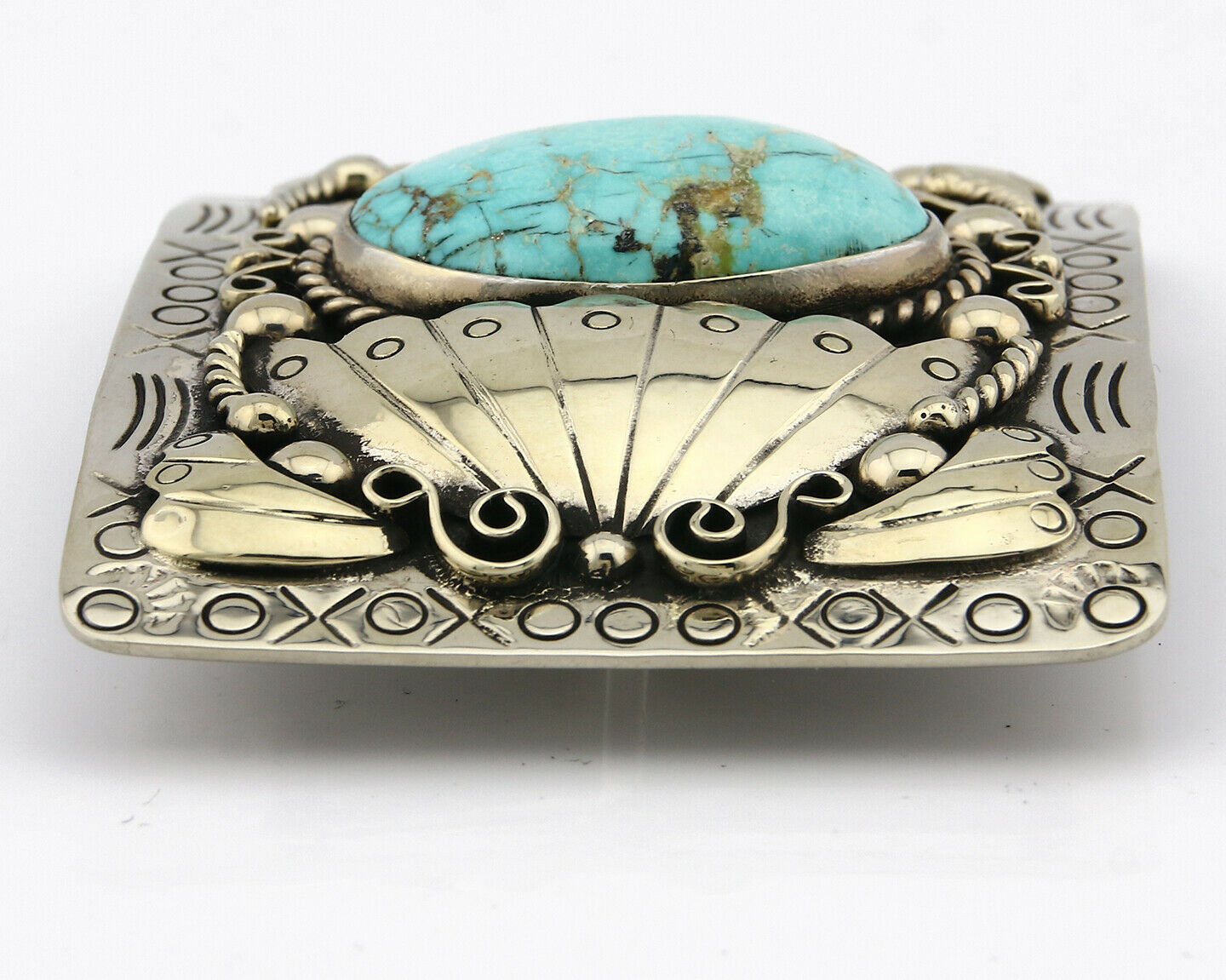 Navajo Belt Buckle .999 Nickle Silver Morenci Turquoise Native Artist C.80's