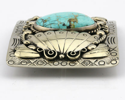Navajo Belt Buckle .999 Nickle Silver Morenci Turquoise Native Artist C.80's