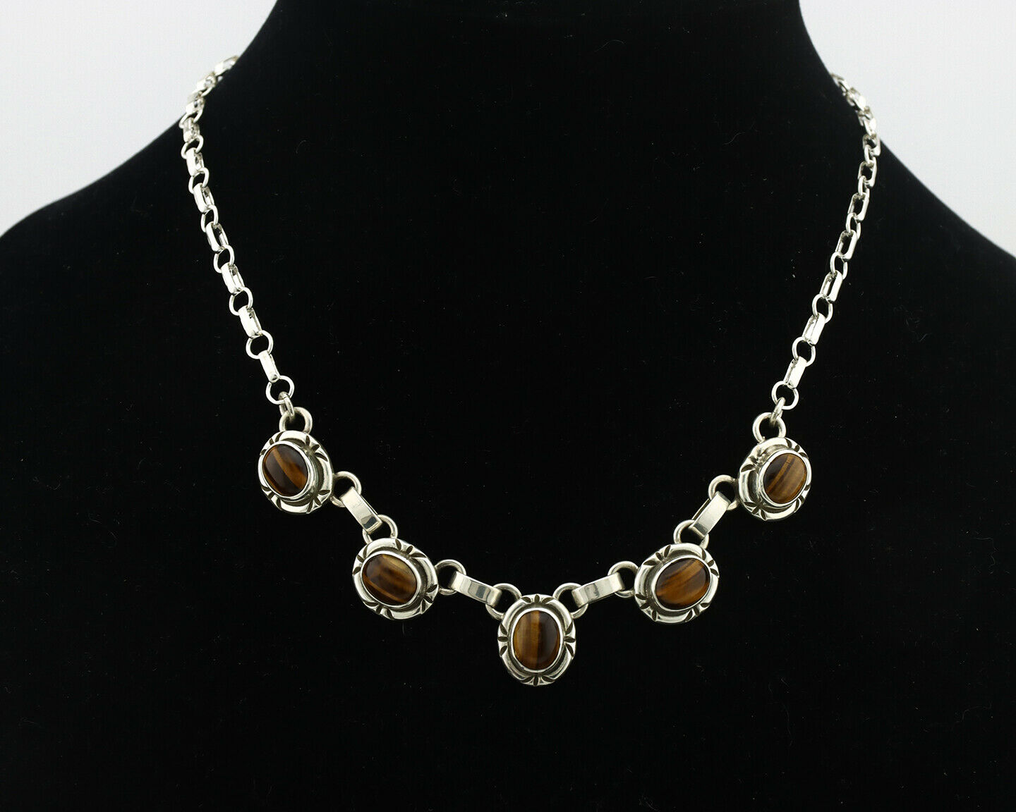 Navajo Necklace .925 Silver Tiger Eye Sapphire Native American Artist C.80's