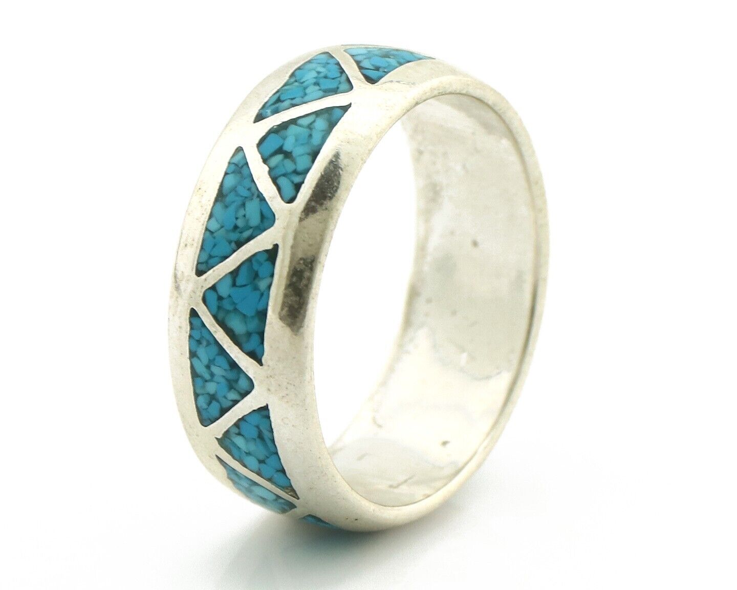 Navajo Chip Inlay Ring 925 Silver Sleeping Beauty Turquoise Artist Silver Cloud
