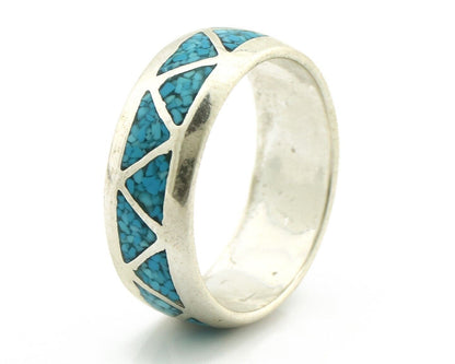 Navajo Chip Inlay Ring 925 Silver Sleeping Beauty Turquoise Artist Silver Cloud