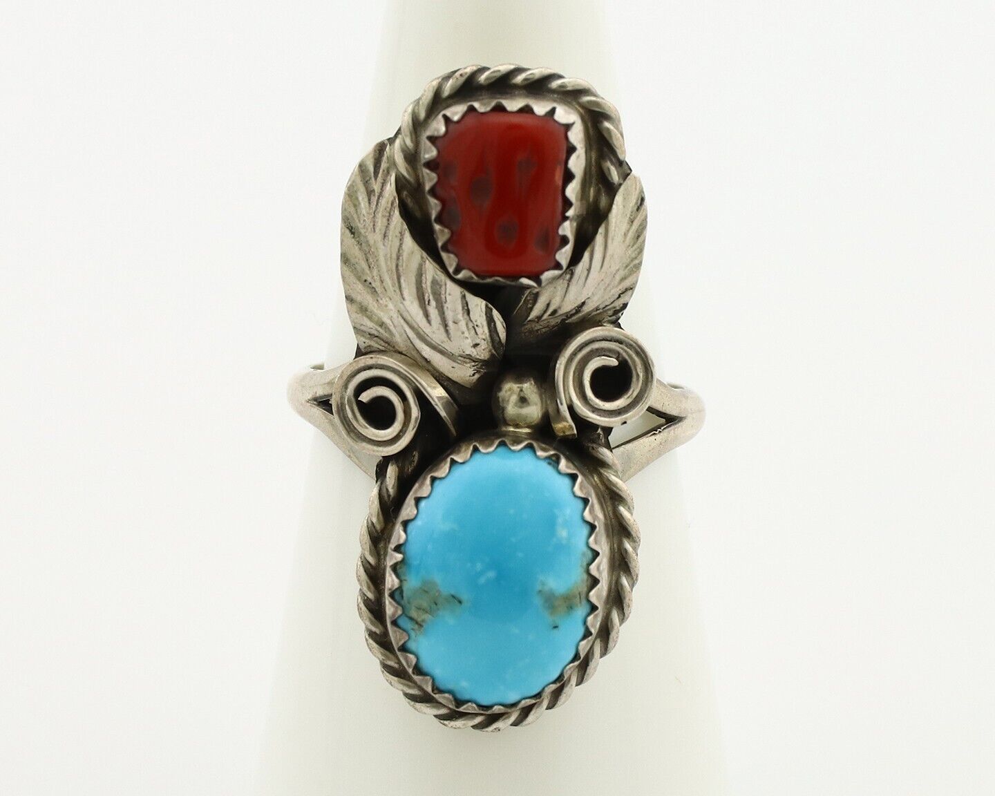 Navajo Ring 925 Silver Blue Turquiose & Coral Artist Signed Justin Morris C.80's