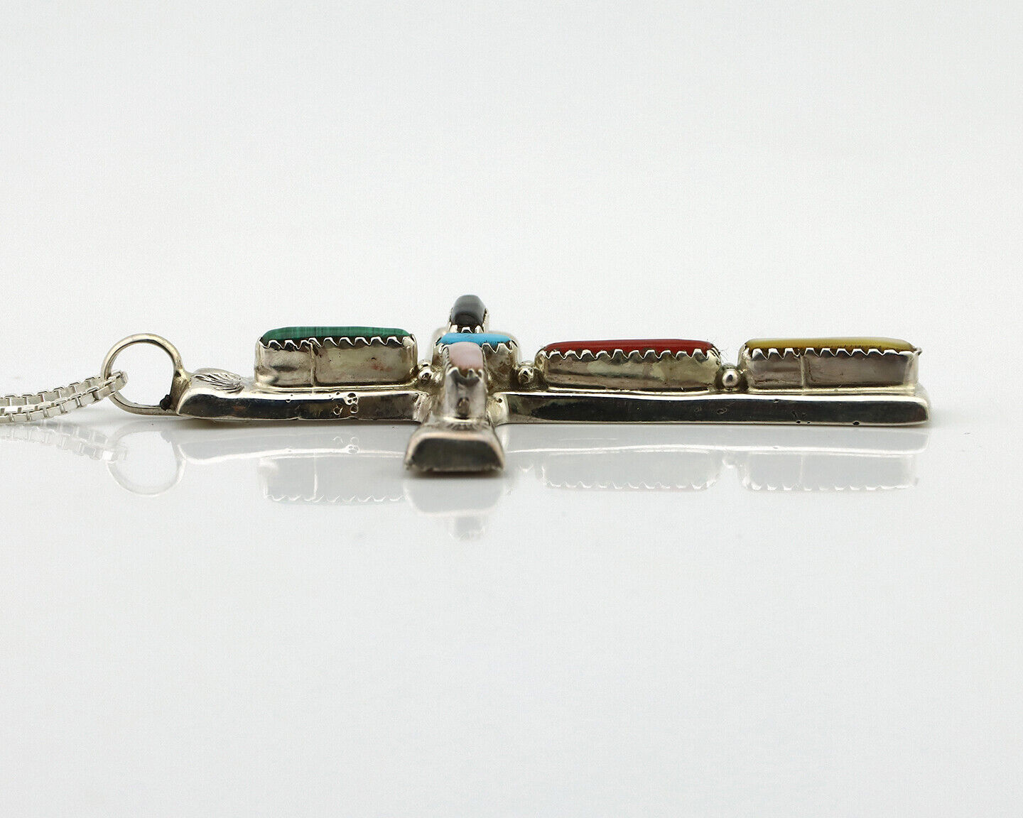 Zuni Handmade Cross Necklace 925 Silver Natural Gemstone Signed L. IULE C.80's