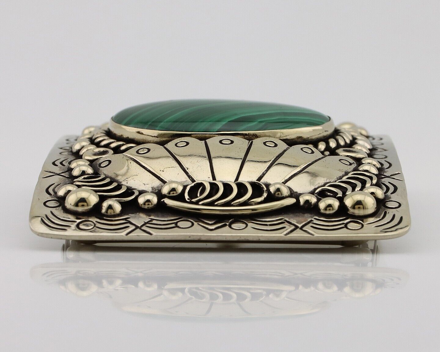 Men Navajo Belt Buckle 999 Nickel Malachite Artist Signed Teepee Handmade C80s