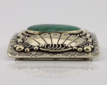Men Navajo Belt Buckle 999 Nickel Malachite Artist Signed Teepee Handmade C80s