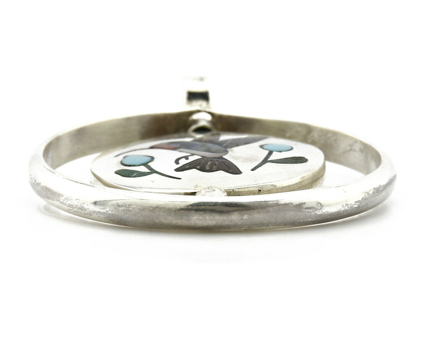 Navajo Bird Spinner Pendant .925 Silver Inlaid Gemstone Signed Baylor C.80's