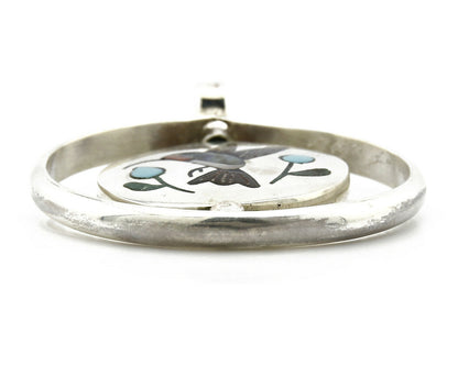 Navajo Bird Spinner Pendant .925 Silver Inlaid Gemstone Signed Baylor C.80's