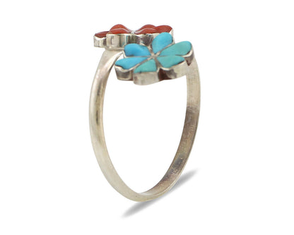 Zuni Flower Ring 925 Silver Turquoise & Coral Native American Artist C.80's