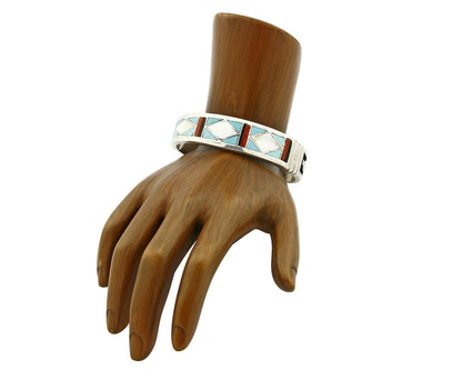 C. 1980's Zuni Inlaid Gemstone .925 Silver Handmade Cuff Bracelet