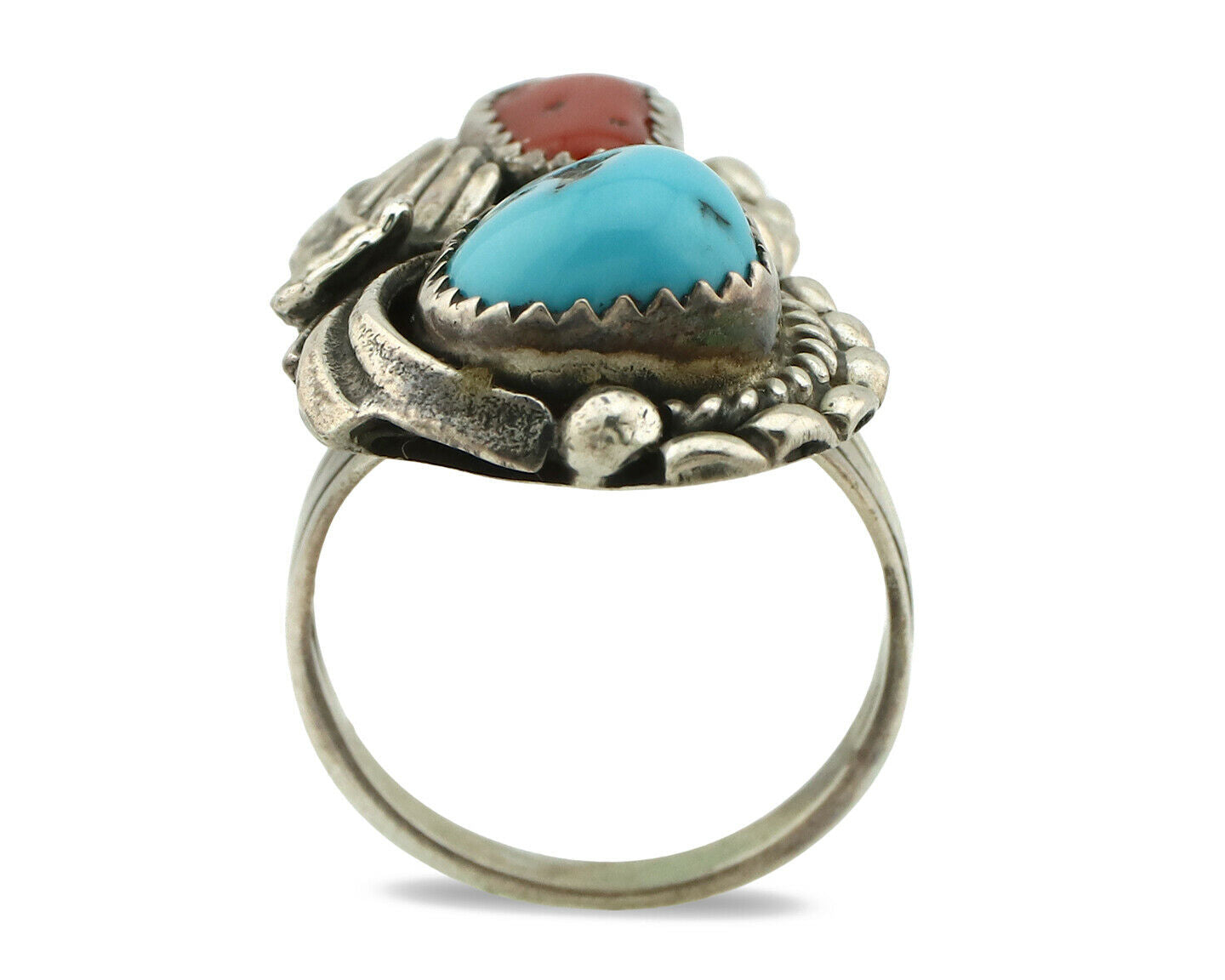 Navajo Ring .925 Silver Turquoise & Coral Artist Signed Thomas Singer C.80's